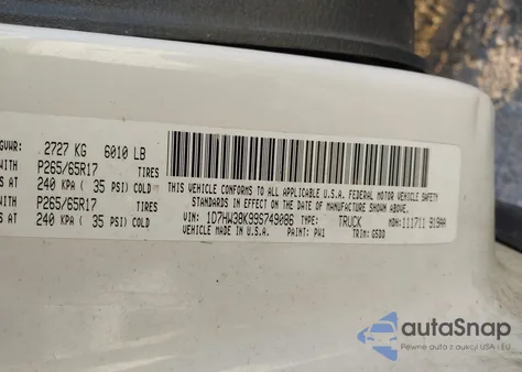 2009 Dodge Dakota Bighorn/Lonestar из США, поврежденный, VIN 1D7HW38K99S749086